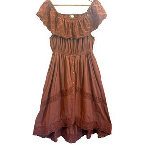 J Gee Eyelet Embroidered Ruffle Peasant Midi Dress Size XL Rust Forest Fairy